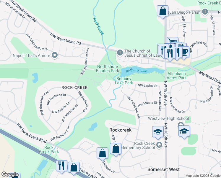 map of restaurants, bars, coffee shops, grocery stores, and more near 5180 Northwest Neakahnie Avenue in Portland