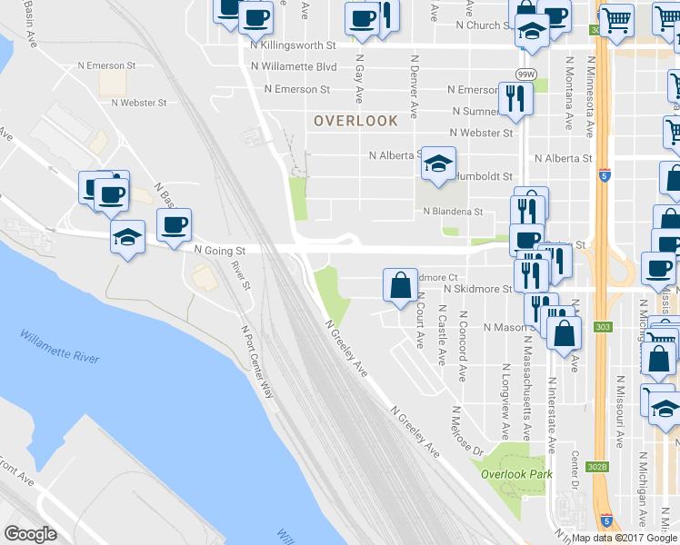 map of restaurants, bars, coffee shops, grocery stores, and more near 2237 North Skidmore Court in Portland