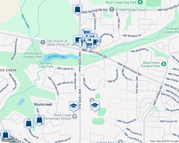 map of restaurants, bars, coffee shops, grocery stores, and more near 4815 Northwest Shaniko Court in Portland