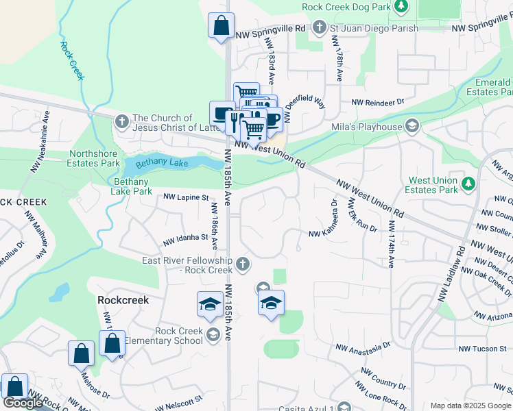 map of restaurants, bars, coffee shops, grocery stores, and more near 4815 Northwest Shaniko Court in Portland