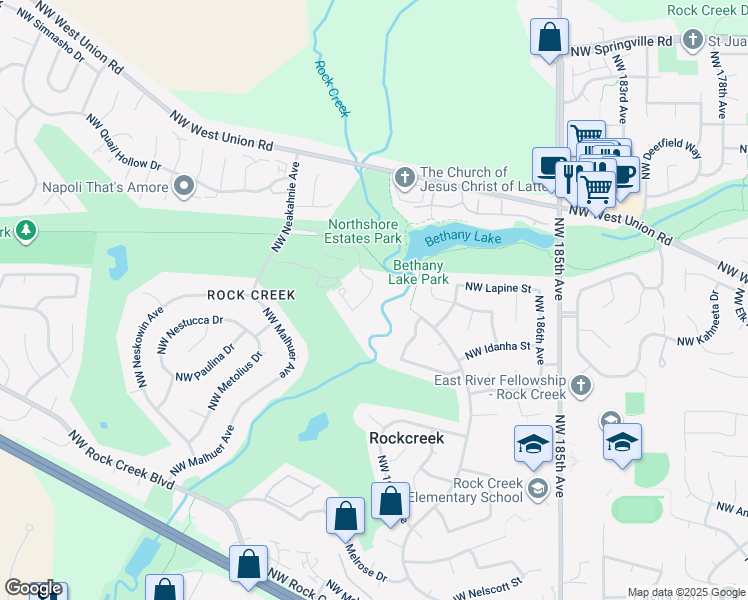 map of restaurants, bars, coffee shops, grocery stores, and more near 5180 Northwest Neakahnie Avenue in Portland