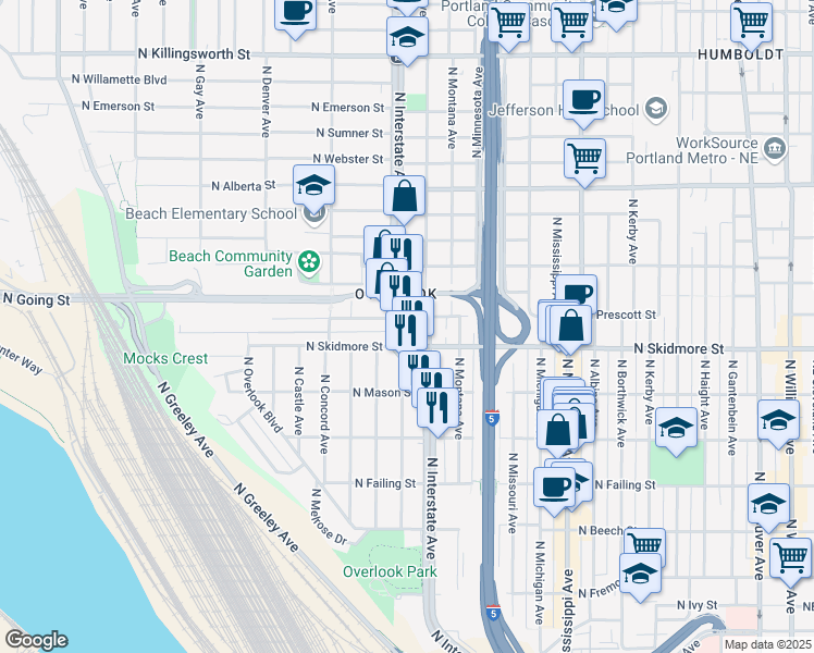 map of restaurants, bars, coffee shops, grocery stores, and more near 1450 North Prescott Street in Portland
