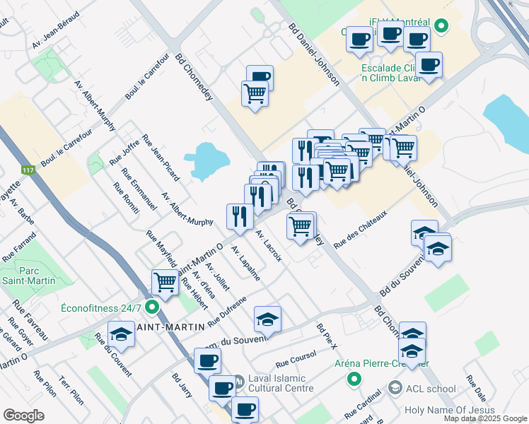 map of restaurants, bars, coffee shops, grocery stores, and more near 3509 Boulevard Saint-Martin Ouest in Laval