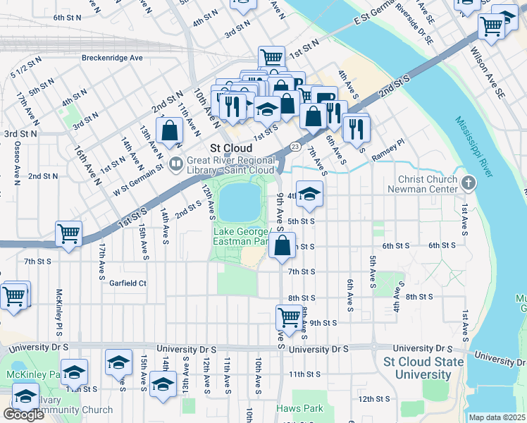 map of restaurants, bars, coffee shops, grocery stores, and more near 425 East Lake Boulevard in St. Cloud