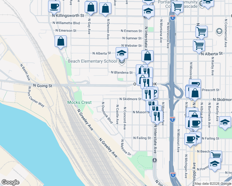 map of restaurants, bars, coffee shops, grocery stores, and more near 1820 North Prescott Street in Portland