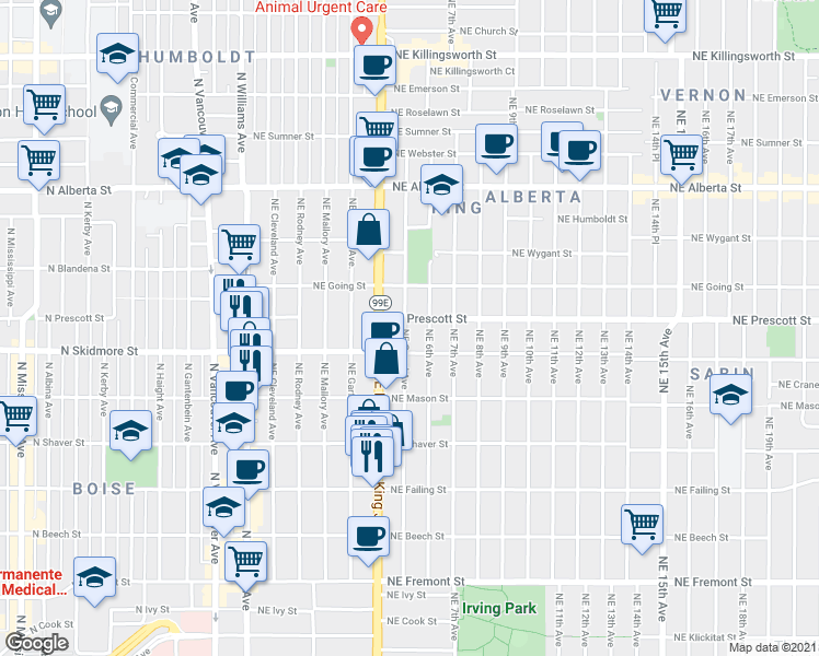 map of restaurants, bars, coffee shops, grocery stores, and more near 4401 Northeast Grand Avenue in Portland