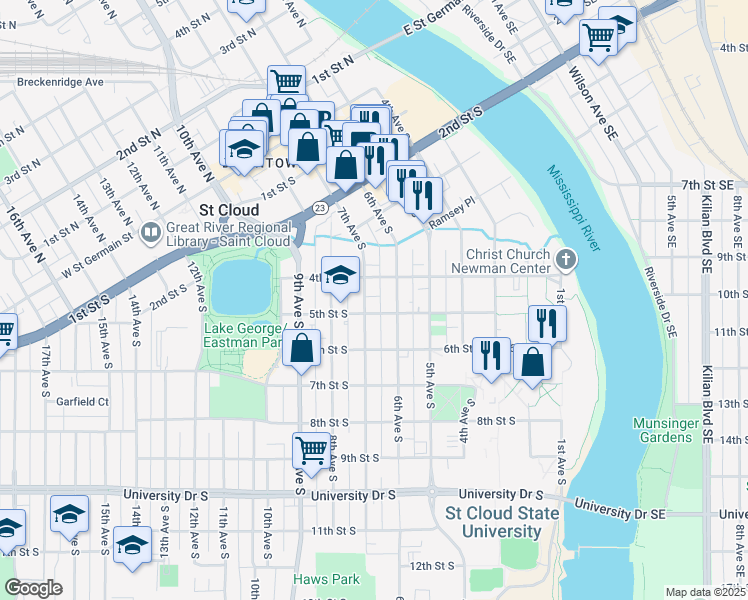 map of restaurants, bars, coffee shops, grocery stores, and more near 420 7th Avenue South in St. Cloud