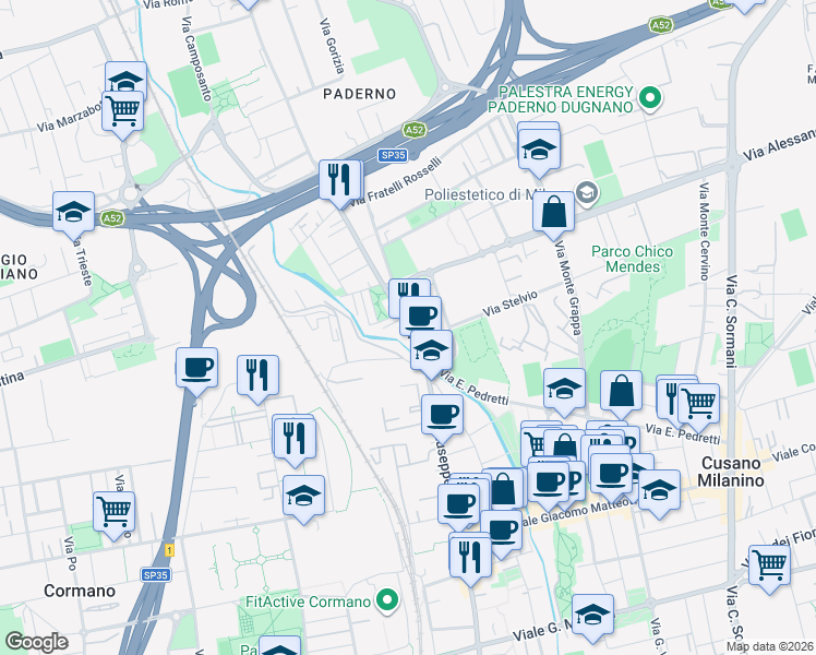 map of restaurants, bars, coffee shops, grocery stores, and more near 15 Via della Libertà in Cusano Milanino