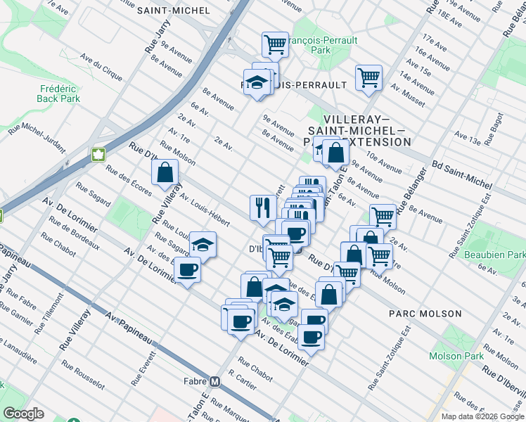 map of restaurants, bars, coffee shops, grocery stores, and more near 2539 Rue Everett in Montréal