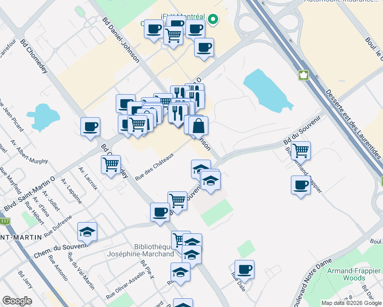 map of restaurants, bars, coffee shops, grocery stores, and more near 3240 Rue des Châteaux in Laval