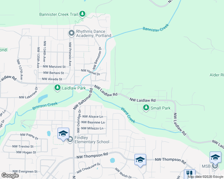 map of restaurants, bars, coffee shops, grocery stores, and more near 12439 Northwest Laidlaw Road in Portland