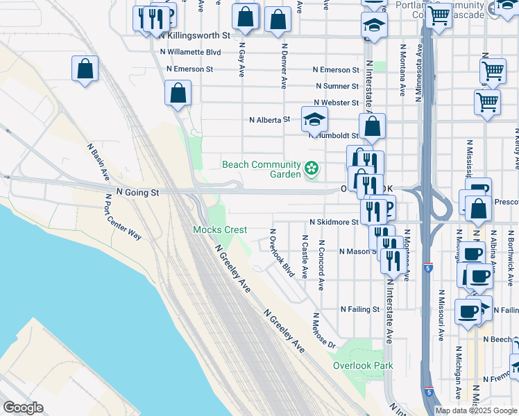 map of restaurants, bars, coffee shops, grocery stores, and more near 2037 North Skidmore Court in Portland