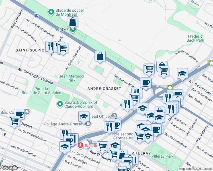 map of restaurants, bars, coffee shops, grocery stores, and more near 8585 Avenue Andre Grasset in Montreal