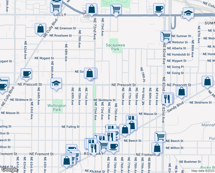 map of restaurants, bars, coffee shops, grocery stores, and more near 4428 Northeast 73rd Avenue in Portland