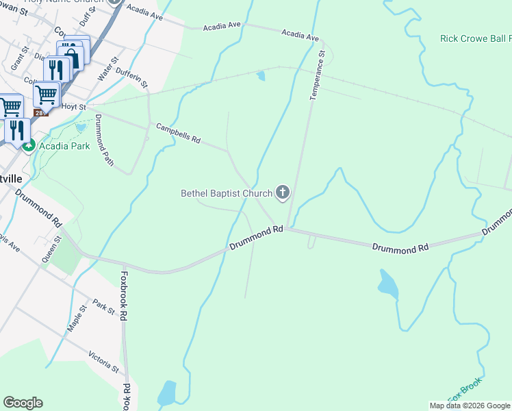 map of restaurants, bars, coffee shops, grocery stores, and more near 1952 Campbells Road in Westville