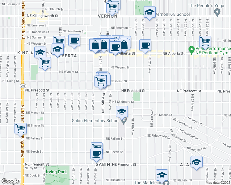 map of restaurants, bars, coffee shops, grocery stores, and more near 1632 Northeast Prescott Street in Portland