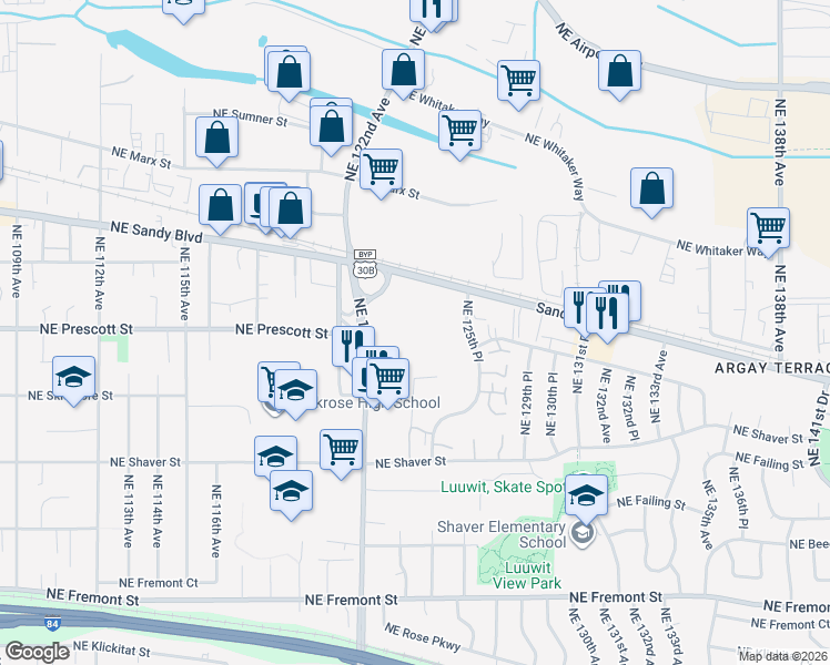 map of restaurants, bars, coffee shops, grocery stores, and more near 12350 Northeast Sandy Boulevard in Portland