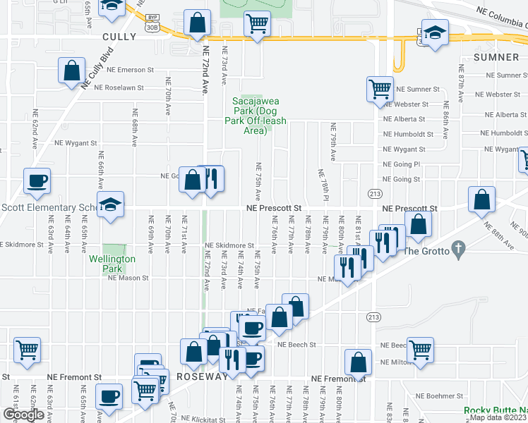 map of restaurants, bars, coffee shops, grocery stores, and more near 7506 Northeast Prescott Street in Portland