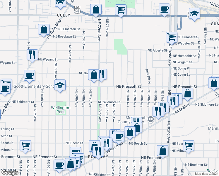 map of restaurants, bars, coffee shops, grocery stores, and more near 7310 Northeast Prescott Street in Portland