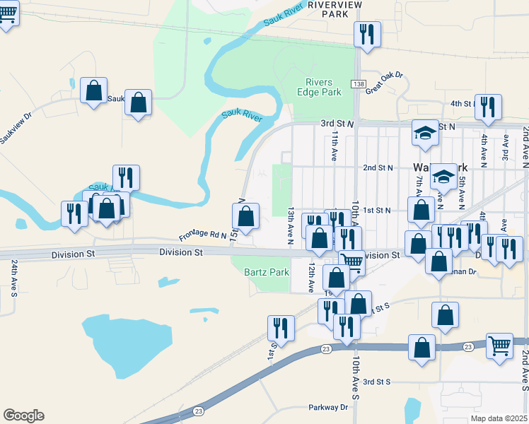 map of restaurants, bars, coffee shops, grocery stores, and more near 60 15th Avenue North in Waite Park