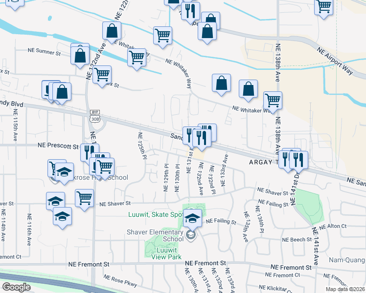 map of restaurants, bars, coffee shops, grocery stores, and more near 4419 Northeast 131st Place in Portland