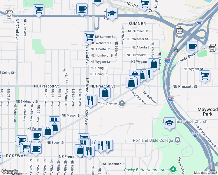 map of restaurants, bars, coffee shops, grocery stores, and more near 4432 Northeast 85th Avenue in Portland