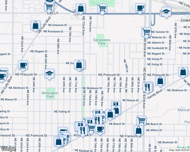 map of restaurants, bars, coffee shops, grocery stores, and more near 4428 Northeast 73rd Avenue in Portland