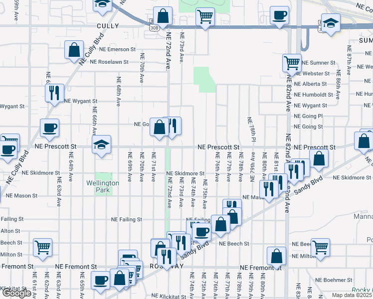map of restaurants, bars, coffee shops, grocery stores, and more near 4428 Northeast 73rd Avenue in Portland