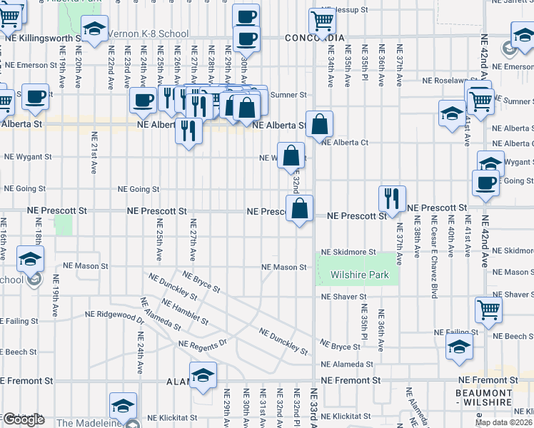 map of restaurants, bars, coffee shops, grocery stores, and more near 4407 Northeast 31st Avenue in Portland