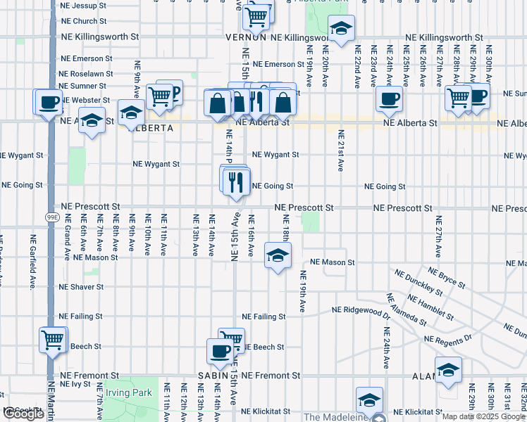 map of restaurants, bars, coffee shops, grocery stores, and more near 4336 Northeast 16th Avenue in Portland