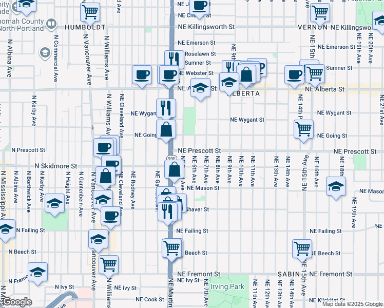 map of restaurants, bars, coffee shops, grocery stores, and more near 4326 Northeast 6th Avenue in Portland