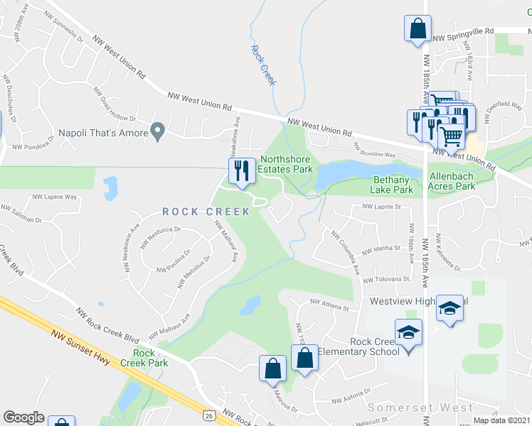 map of restaurants, bars, coffee shops, grocery stores, and more near 5140 Northwest Neakahnie Avenue in Portland