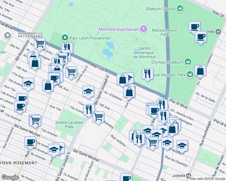 map of restaurants, bars, coffee shops, grocery stores, and more near 4652 Avenue Charlemagne in Montréal