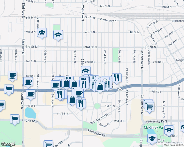 map of restaurants, bars, coffee shops, grocery stores, and more near 110 24th Avenue North in Saint Cloud