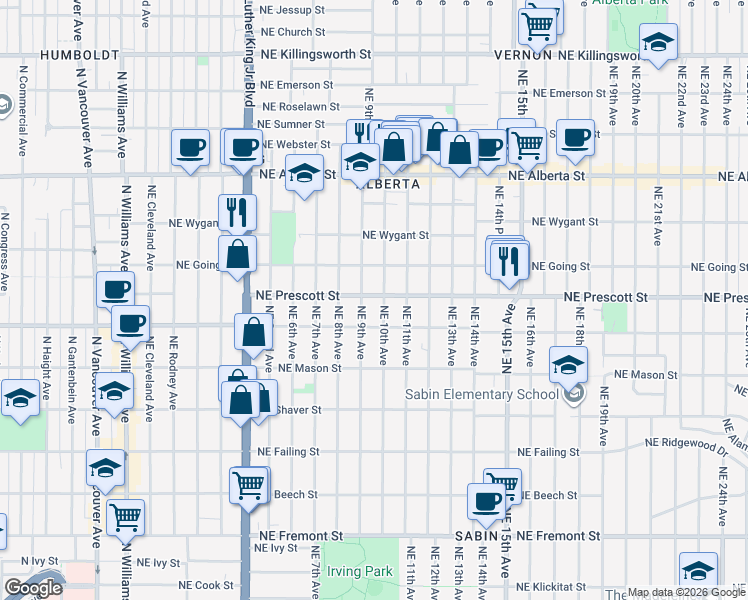 map of restaurants, bars, coffee shops, grocery stores, and more near 4404 Northeast 9th Avenue in Portland
