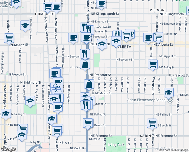 map of restaurants, bars, coffee shops, grocery stores, and more near 502 Northeast Prescott Street in Portland