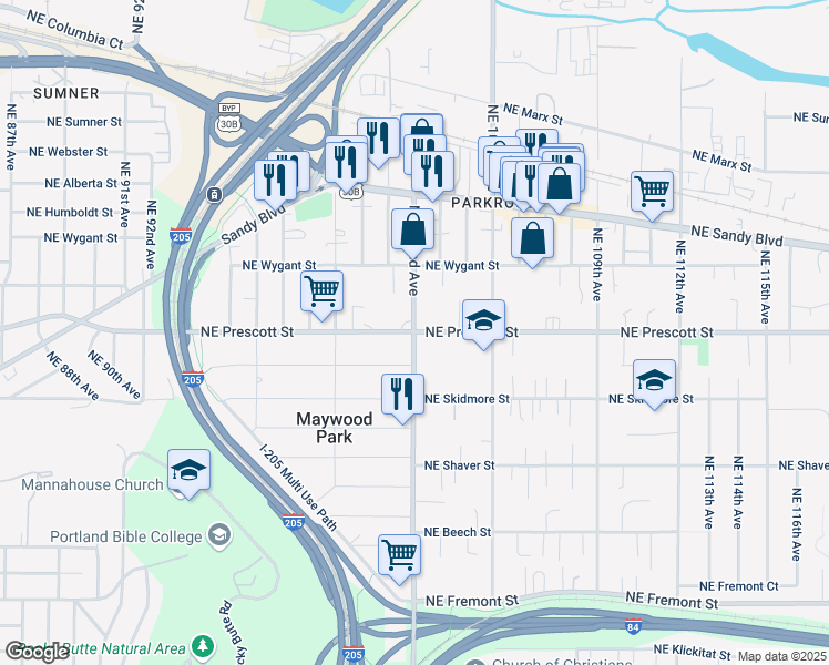 map of restaurants, bars, coffee shops, grocery stores, and more near NE Prescott St & NE 102nd Ave in Portland