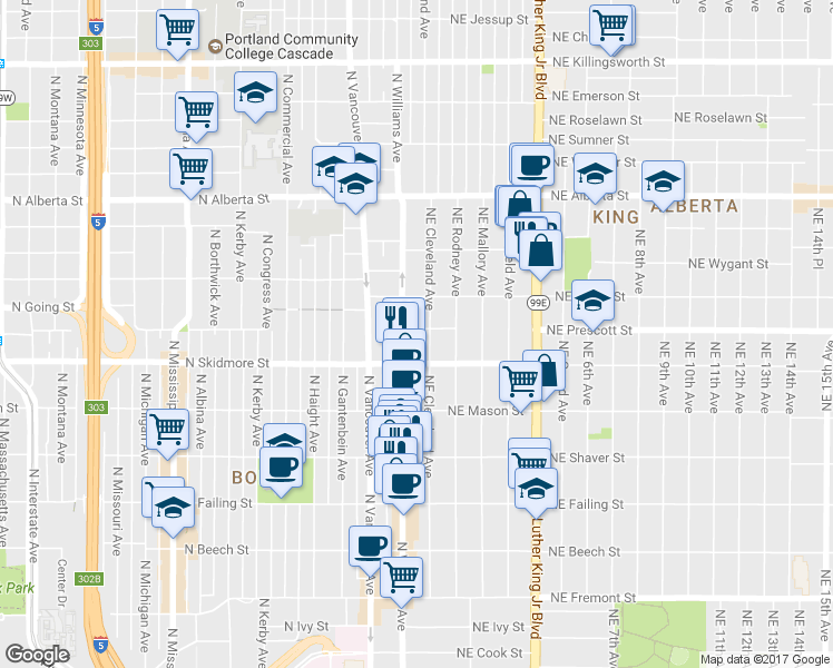 map of restaurants, bars, coffee shops, grocery stores, and more near 26 Northeast Prescott Street in Portland