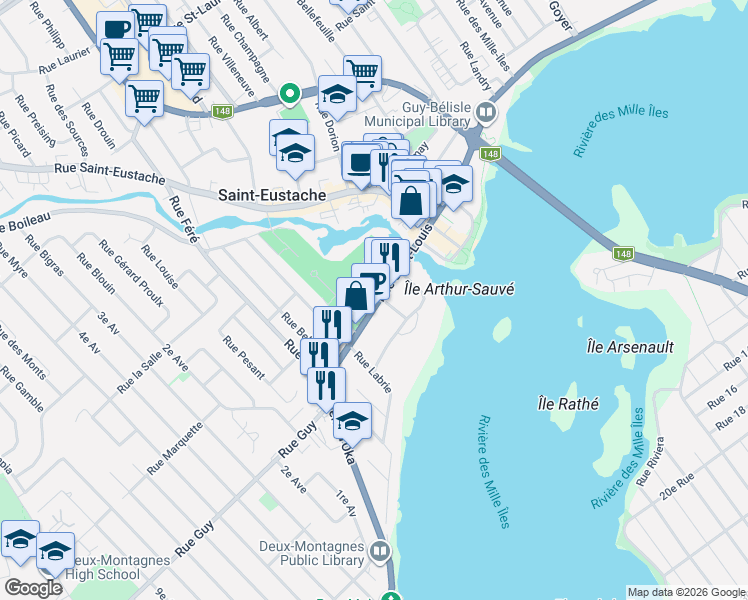map of restaurants, bars, coffee shops, grocery stores, and more near 66 Rue Saint-Louis in Saint-Eustache
