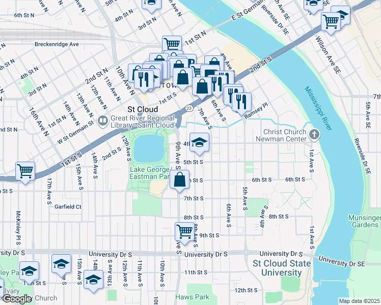 map of restaurants, bars, coffee shops, grocery stores, and more near 413 8th Avenue South in St. Cloud