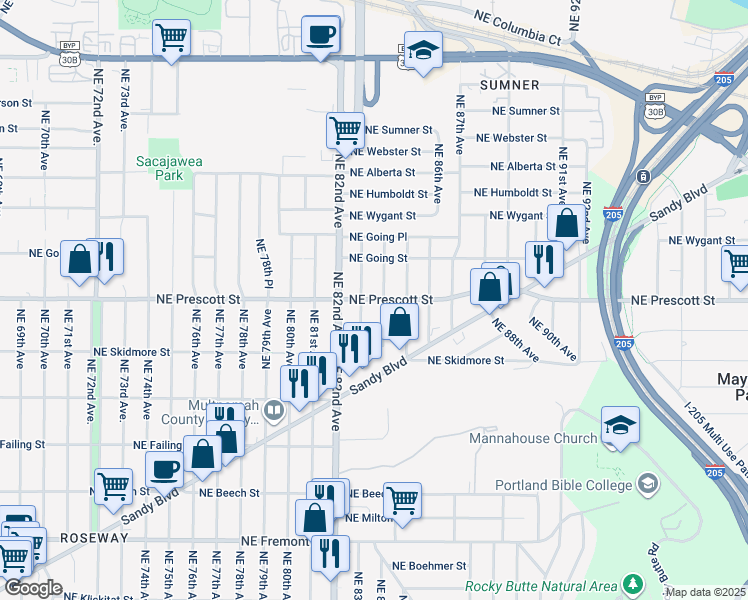 map of restaurants, bars, coffee shops, grocery stores, and more near 4433 Northeast 84th Avenue in Portland