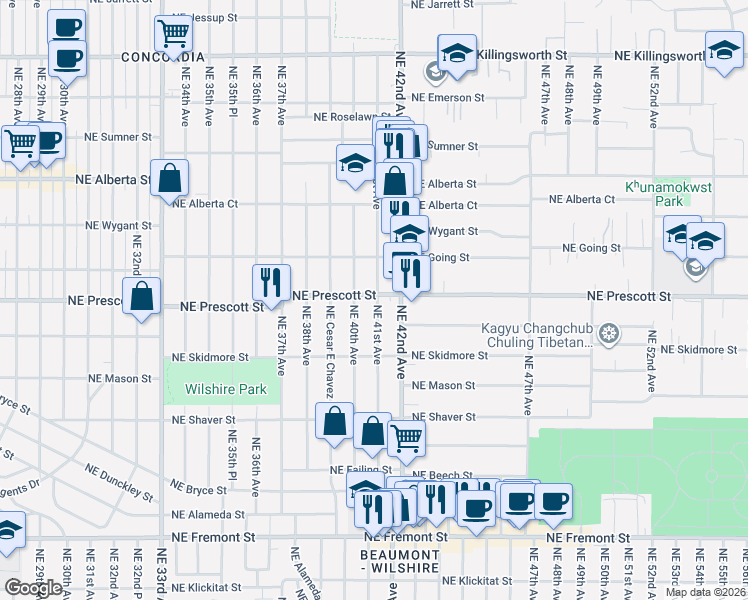 map of restaurants, bars, coffee shops, grocery stores, and more near 4424 Northeast 40th Avenue in Portland