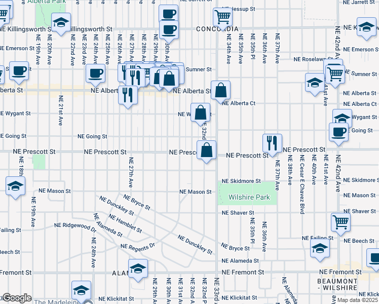 map of restaurants, bars, coffee shops, grocery stores, and more near 4404 Northeast 32nd Avenue in Portland