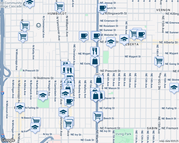 map of restaurants, bars, coffee shops, grocery stores, and more near 4329 Northeast Garfield Avenue in Portland