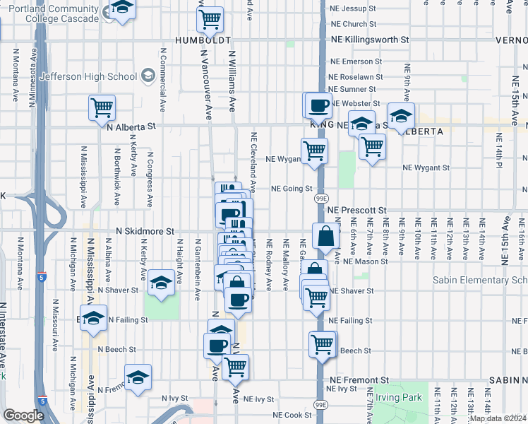 map of restaurants, bars, coffee shops, grocery stores, and more near 4326 Northeast Cleveland Avenue in Portland