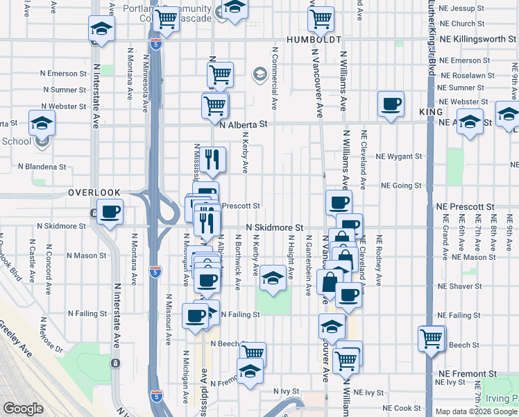 map of restaurants, bars, coffee shops, grocery stores, and more near 4323 North Commercial Avenue in Portland