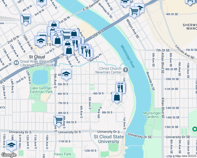 map of restaurants, bars, coffee shops, grocery stores, and more near 525 4th Avenue South in St. Cloud