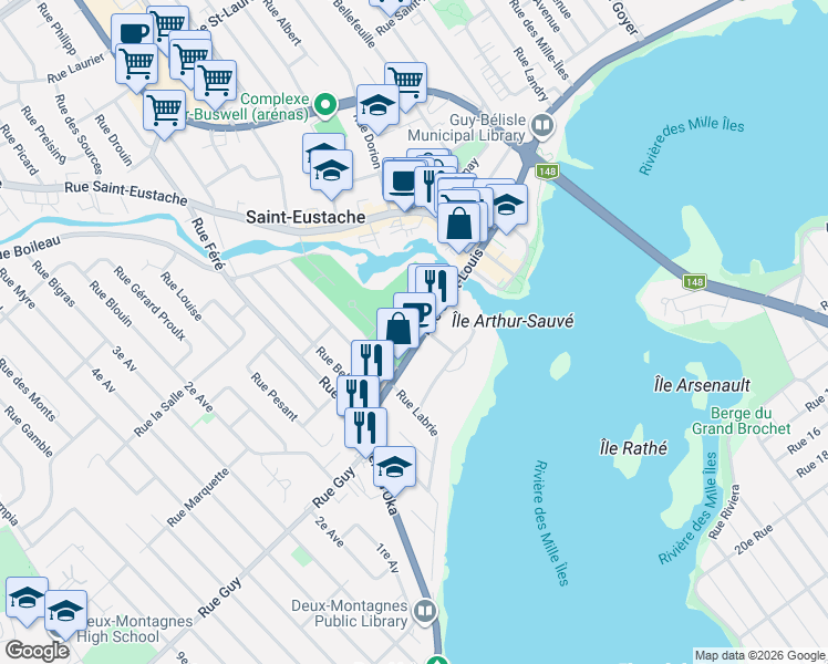 map of restaurants, bars, coffee shops, grocery stores, and more near 66 Rue Saint-Louis in Saint-Eustache