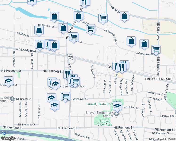map of restaurants, bars, coffee shops, grocery stores, and more near 4545 Northeast 125th Place in Portland