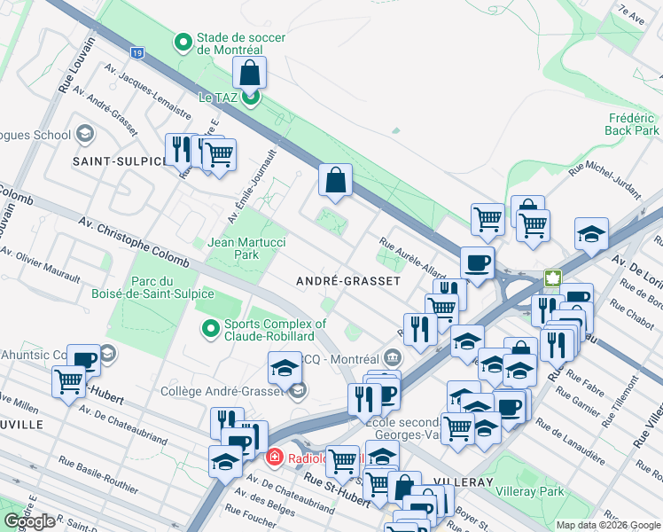 map of restaurants, bars, coffee shops, grocery stores, and more near 8708 Avenue André-Grasset in Montréal